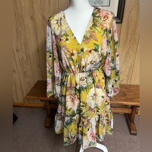 Guess Green and Yellow Long Sleeve Floral Dress Size M